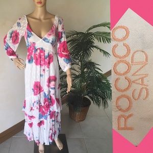 Rococo Sand Floral Maxi dress long sleeve Ruffle Skirt Large Pink & White